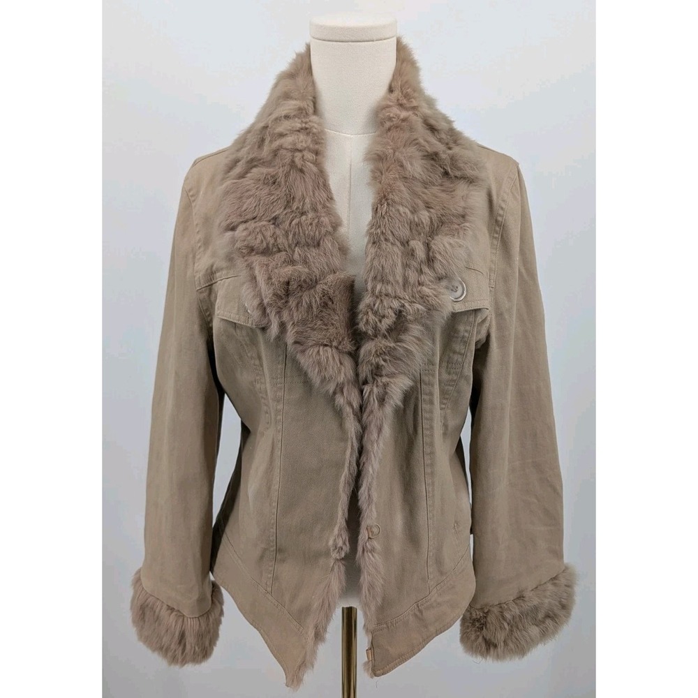 Vintage Y2K Last Kiss Khaki Jacket 100% Rabbit Fur Trim Collar Size XL AS IS
